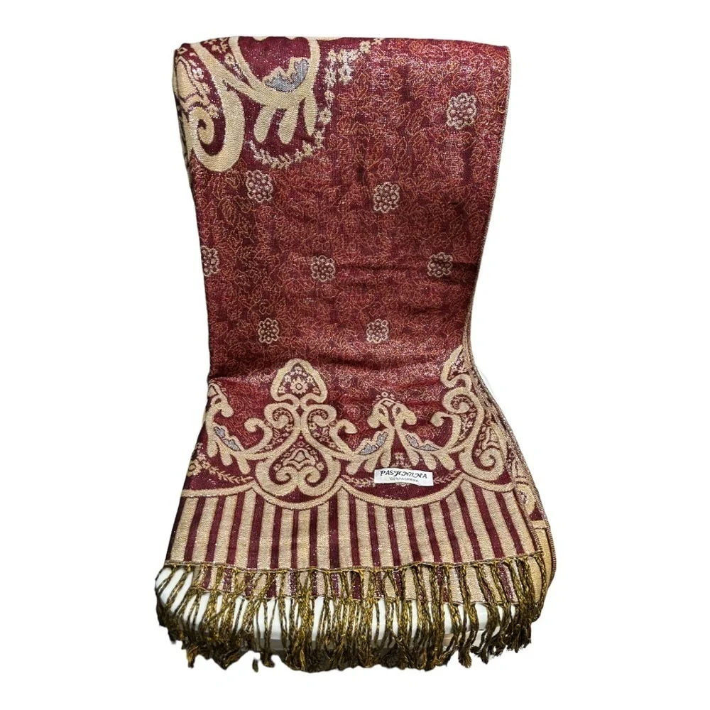 Pashmina Indie’s Fine Wool Scarf Burgundy Metallic Fringe Lightweight Neck Wrap